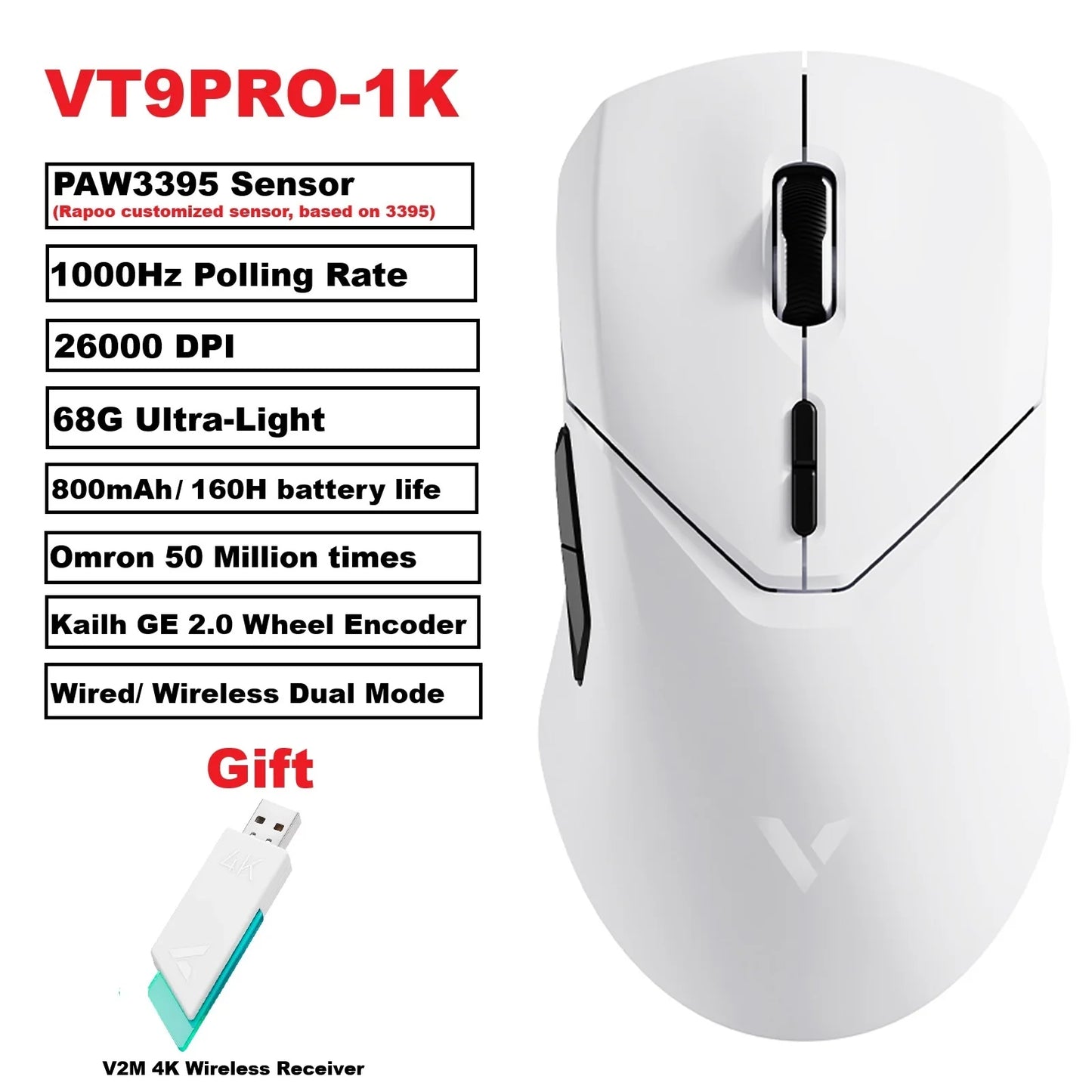 Rapoo VT9PRO PAW3398 Wireless Gaming Mouse 26000DPI 68g Lightweight Wired Wireless Mouse 160H Super Long Battery Life