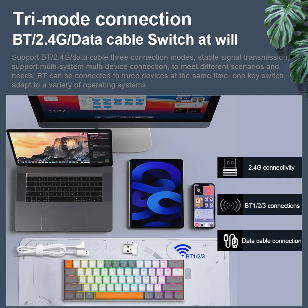 REDRAGON L61 RGB USB Mechanical Gaming Keyboard Support Bluetooth 5.0 wireless 2.4G 1.2X bigger keycap for big hand user Compute