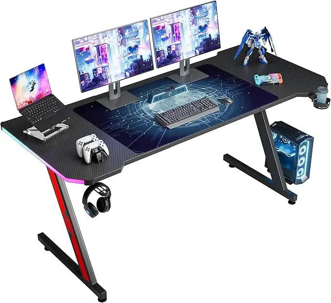 Gaming Desk Computer Desk with Carbon Fiber Surface, Gaming Table Z Shaped PC Home Office with Cup Holder&Headphone Hook(63 in)