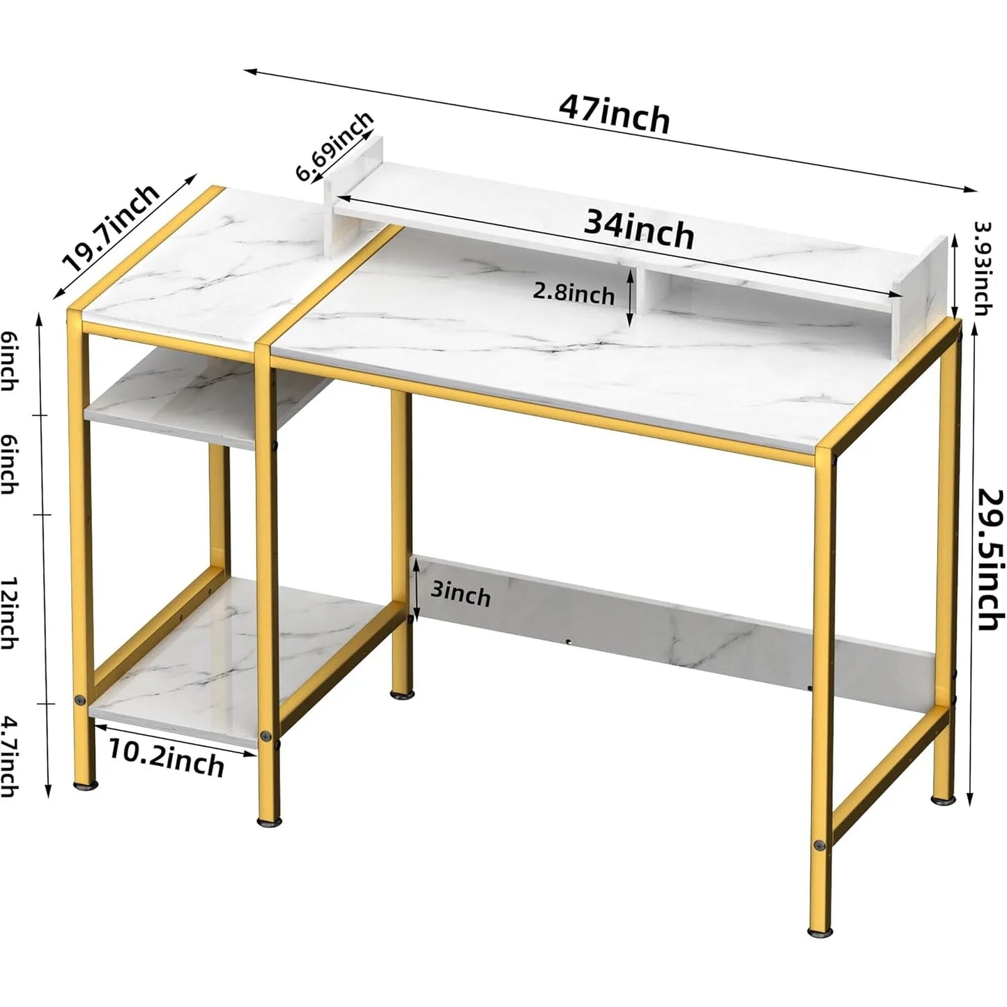 Gaming Desk with Monitor Stand, Storage and Marble Design - Adjustable Home Office Writing Desk