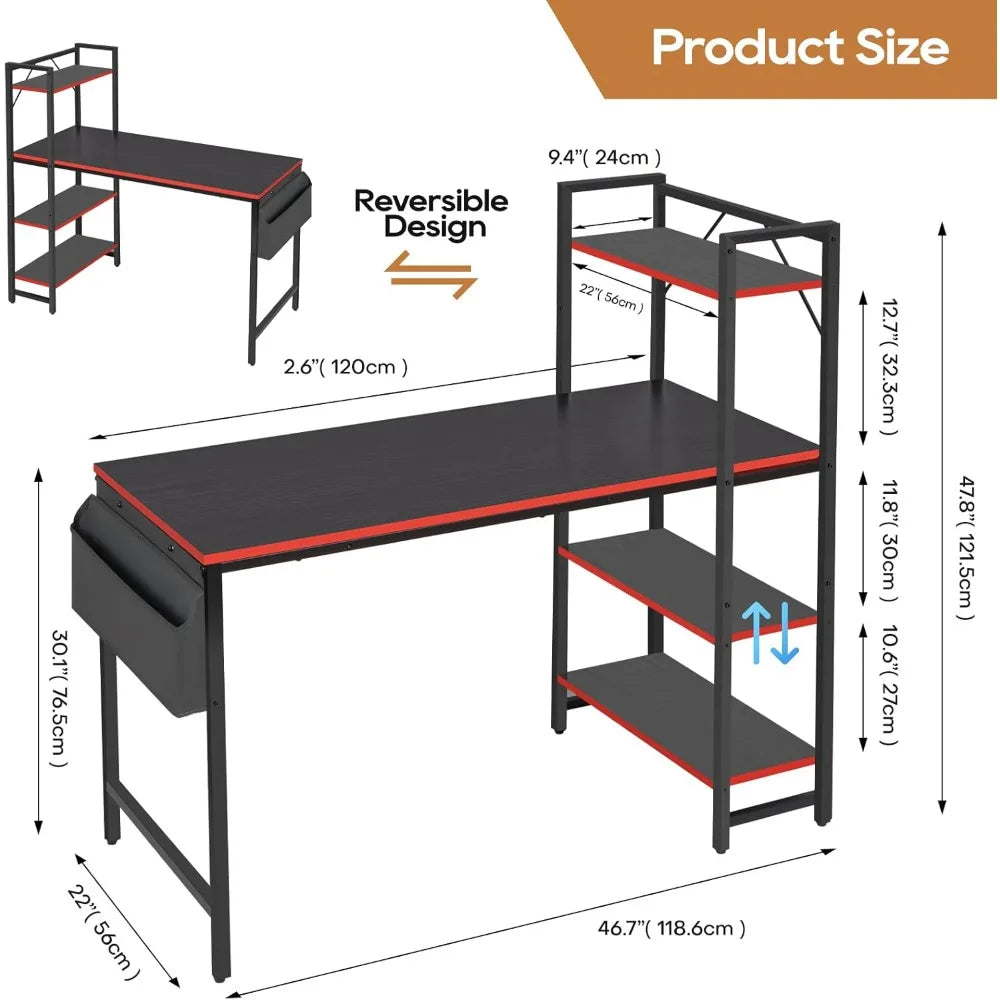 47.2 Inch Gaming Desk Computer Desk, Writing Desk with Adjustable Shelves & Side Storage Bag, Compact Home Office Desks