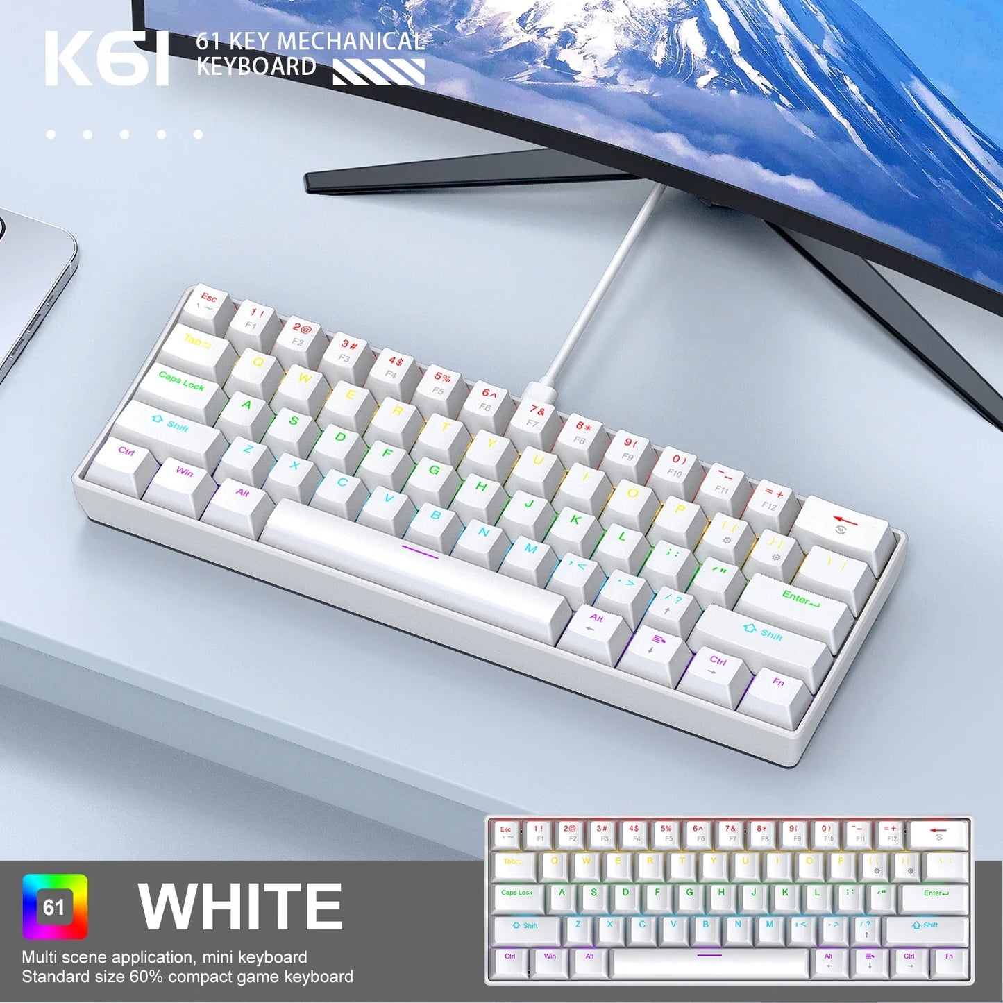 K61 61-keys Wired Mechanical Keyboard,Type-C Interface,Desktop Computers, Laptops