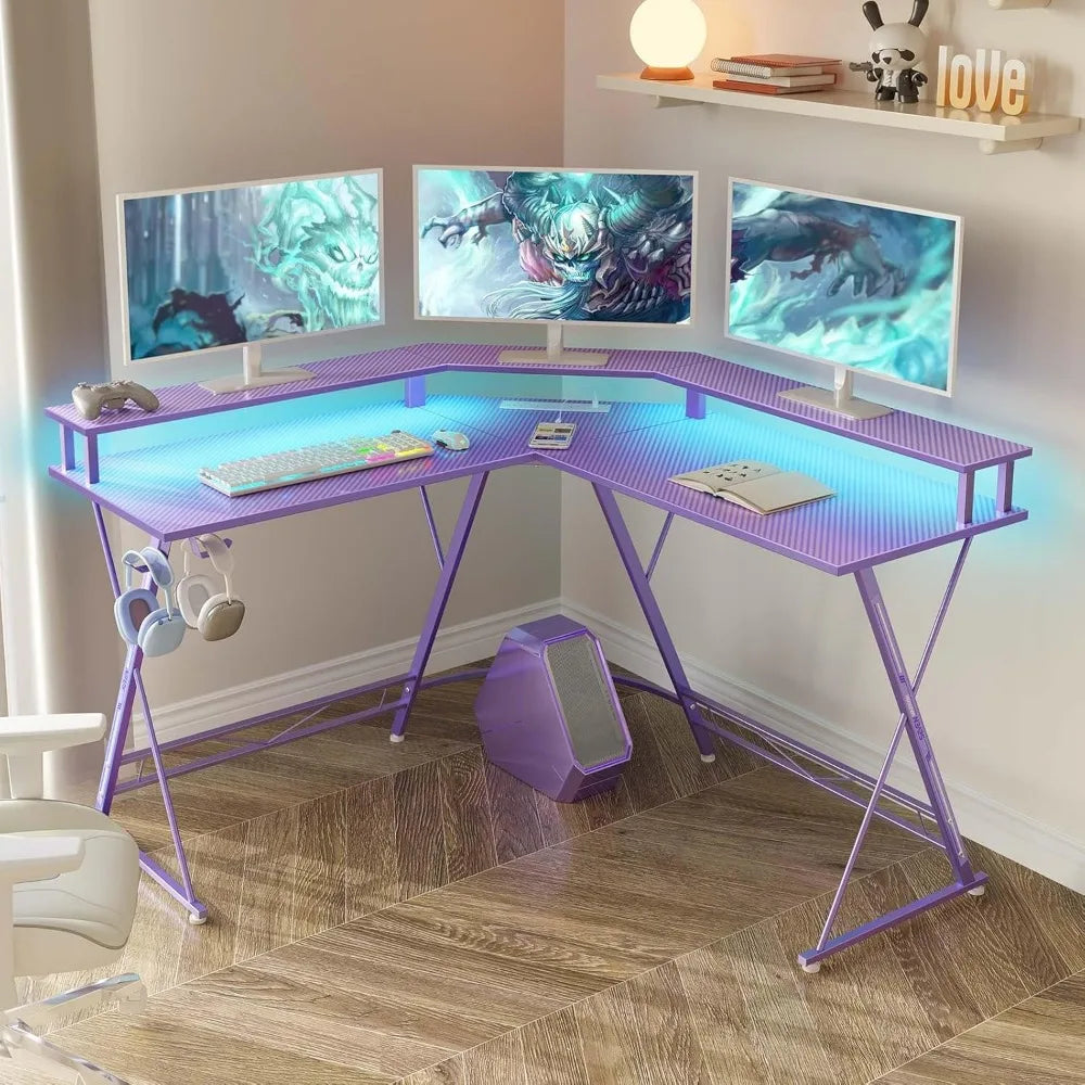 Gaming Desk, L-Shaped Gaming Desk Carbon Fiber Surface with Monitor Stand, Ergonomic Gamer Table with Headphone Hook, Pink
