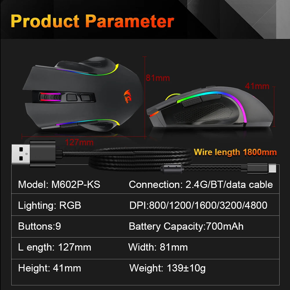 REDRAGON Griffin M602P-KS RGB USB 2.4G Wireless Support Bluetooth Wired Gaming Mouse 4800 DPI for gamer Mice Computer PC Laptop