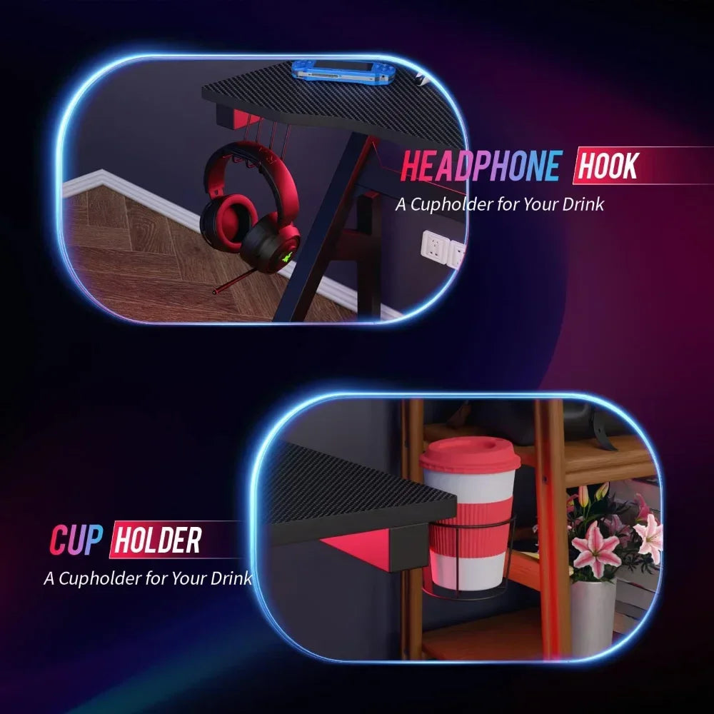 47 Inch Home Office Desk Extra Large Modern Ergonomic PC Carbon Fiber Table Gamer Workstation with Cup Holder Headphone Hook