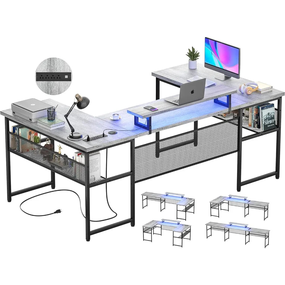 U Shaped Computer Desk with Power Outlet and LED Strip, Reversible L Shaped Office Desk with Monitor Stand and Bookshelf