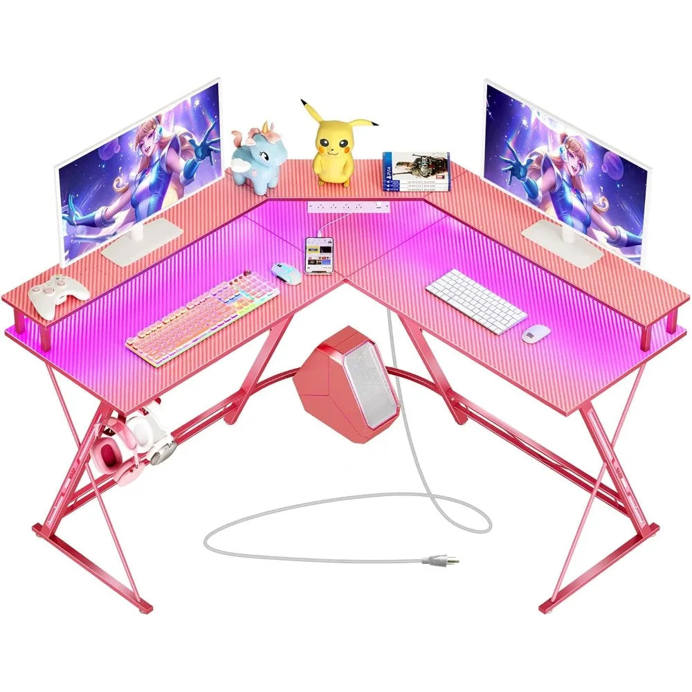 Gaming Desk, L-Shaped Gaming Desk Carbon Fiber Surface with Monitor Stand, Ergonomic Gamer Table with Headphone Hook, Pink