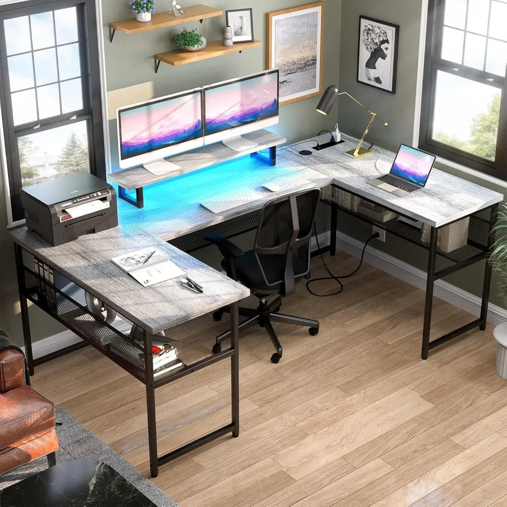 U Shaped Computer Desk with Power Outlet and LED Strip, Reversible L Shaped Office Desk with Monitor Stand and Bookshelf