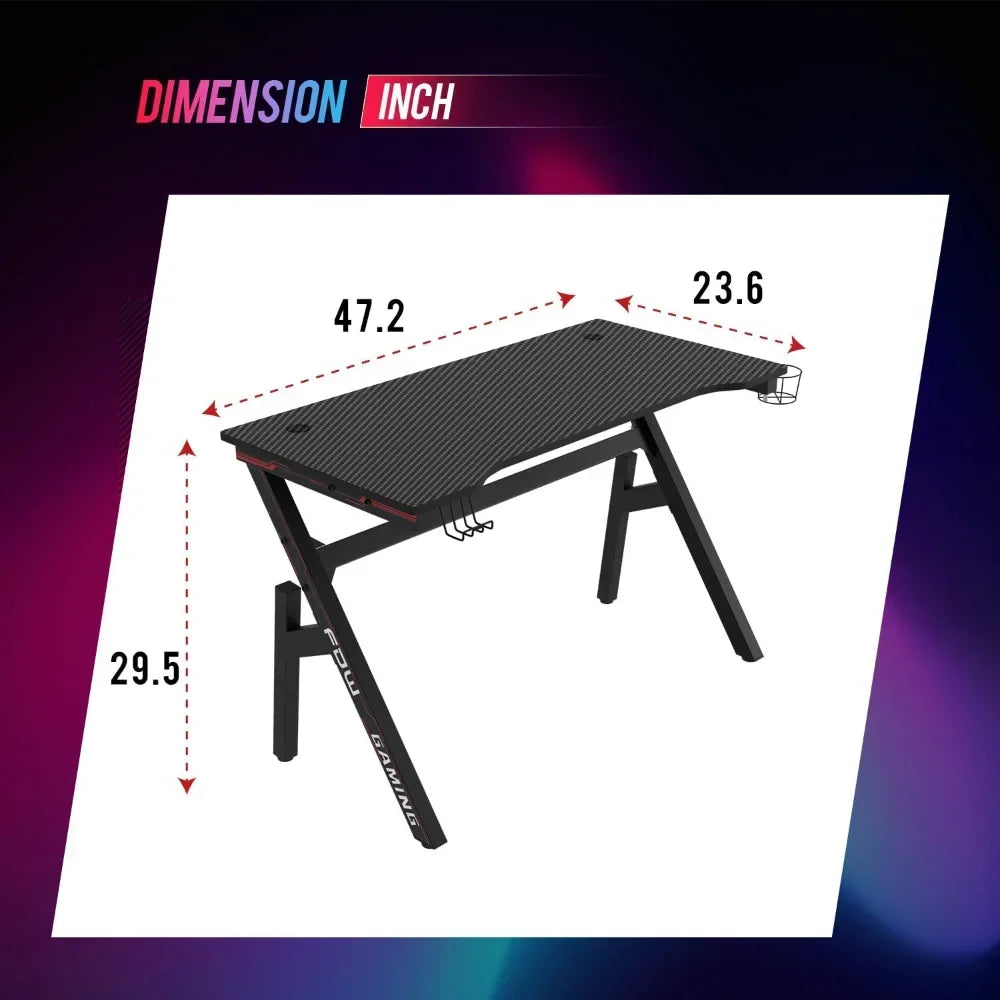47 Inch Home Office Desk Extra Large Modern Ergonomic PC Carbon Fiber Table Gamer Workstation with Cup Holder Headphone Hook
