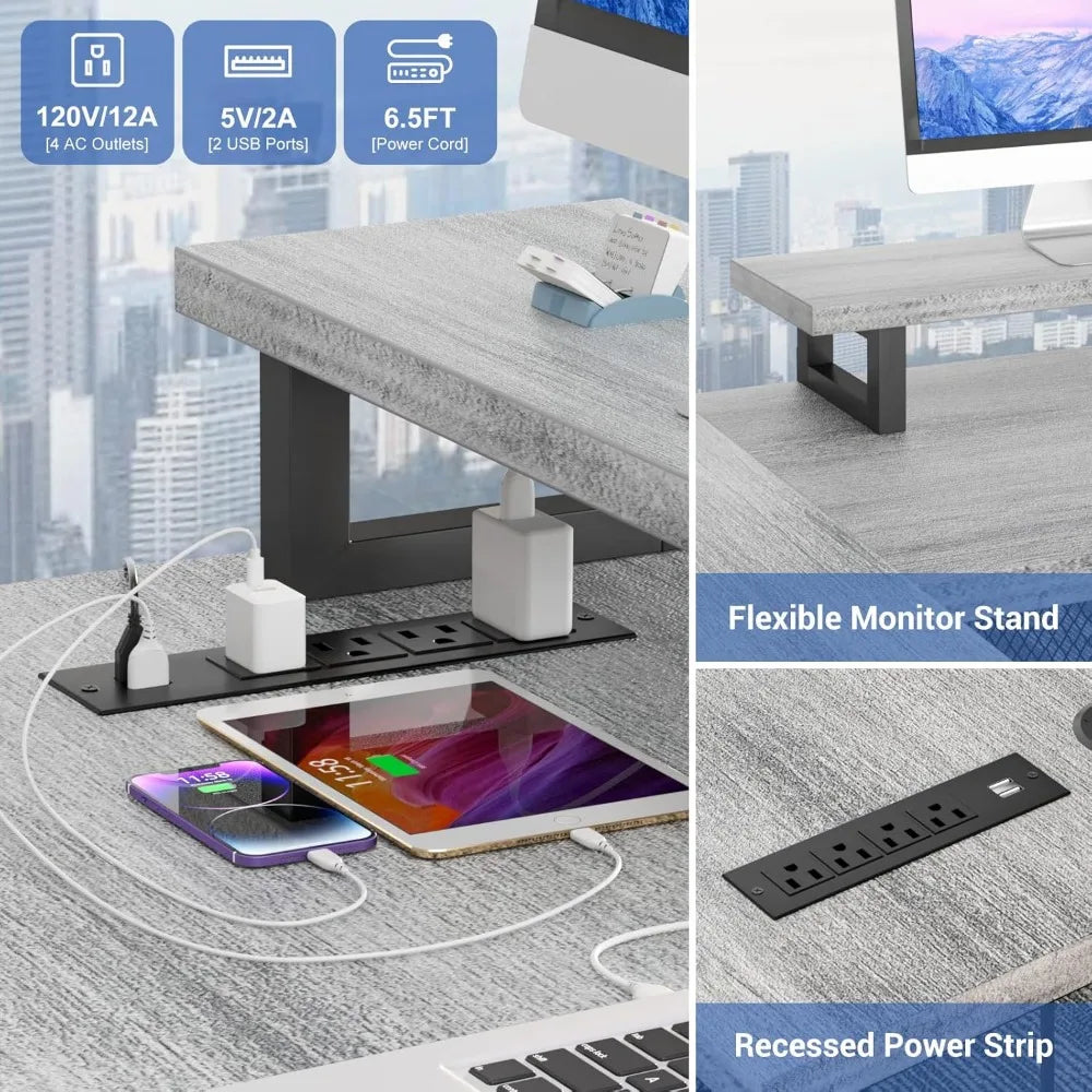 U Shaped Computer Desk with Power Outlet and LED Strip, Reversible L Shaped Office Desk with Monitor Stand and Bookshelf