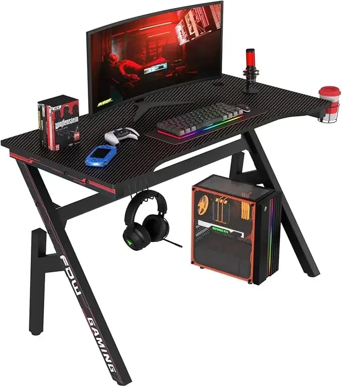 47 Inch Home Office Desk Extra Large Modern Ergonomic PC Carbon Fiber Table Gamer Workstation with Cup Holder Headphone Hook