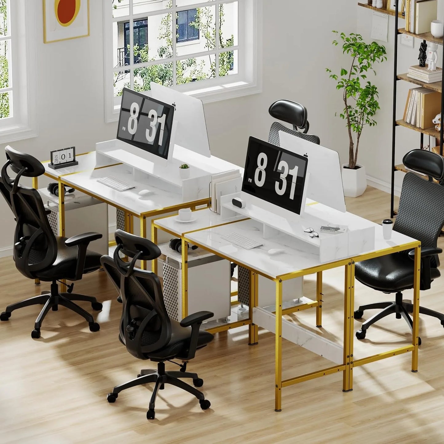 Gaming Desk with Monitor Stand, Storage and Marble Design - Adjustable Home Office Writing Desk