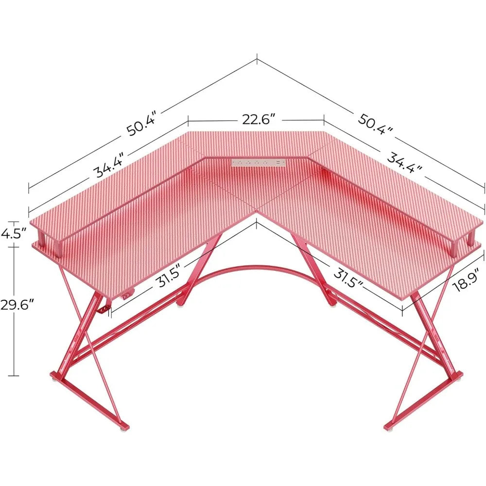 Gaming Desk, L-Shaped Gaming Desk Carbon Fiber Surface with Monitor Stand, Ergonomic Gamer Table with Headphone Hook, Pink