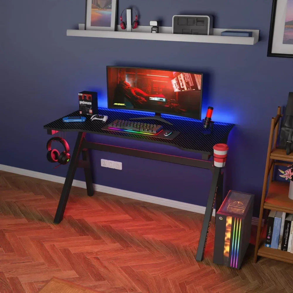 47 Inch Home Office Desk Extra Large Modern Ergonomic PC Carbon Fiber Table Gamer Workstation with Cup Holder Headphone Hook