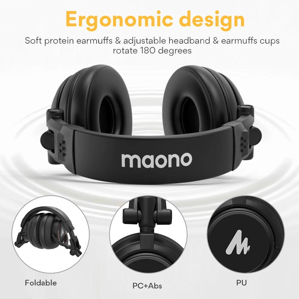 Maono MH601 Professional Studio Monitor Headphones with Detachable Plug & Cable and 50mm Driver for DJ,Studio,Sound Card