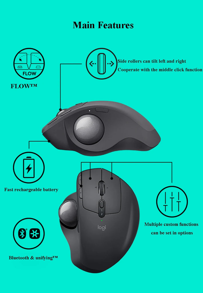 Logitech MX Ergo S Wireless Trackball Mouse Adjustable Ergonomic Design Rechargeable Bluetooth Mouse for Office Drawing Laptop