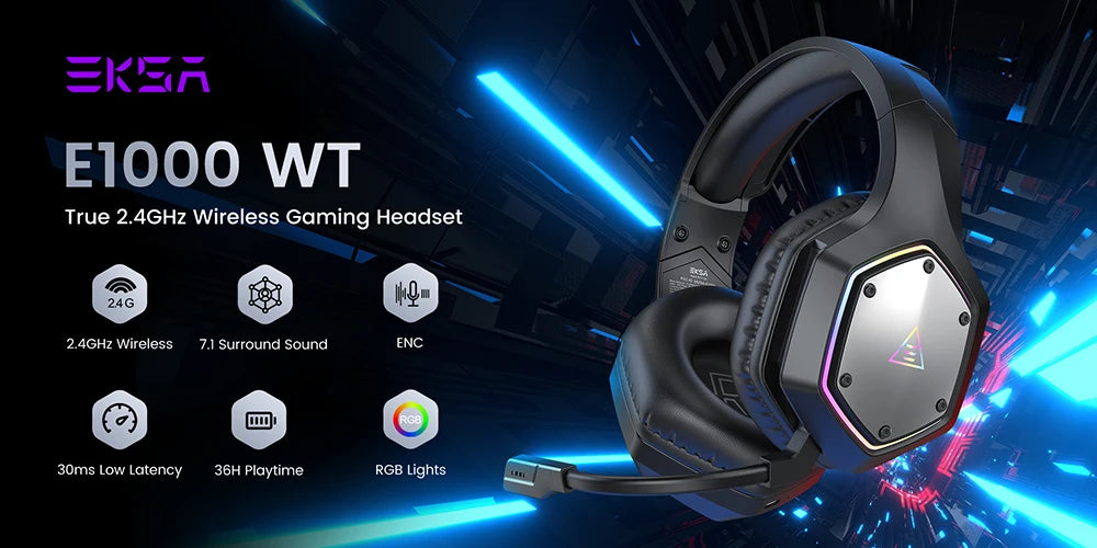 EKSA 2.4GHz Wireless Headphones E1000 WT 7.1 Surround Wired Gaming Headset Gamer with ENC Mic Low Latency for PC/PS4/PS5/Xbox
