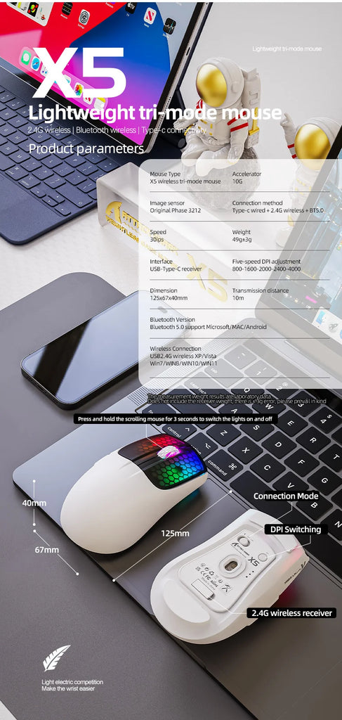Attack Shark X5 Wireless Mouse Bluetooth Tri-Mode PAW3212 Sensor 4000DPI Optical RGB Mouse for PC Laptop Office Gaming