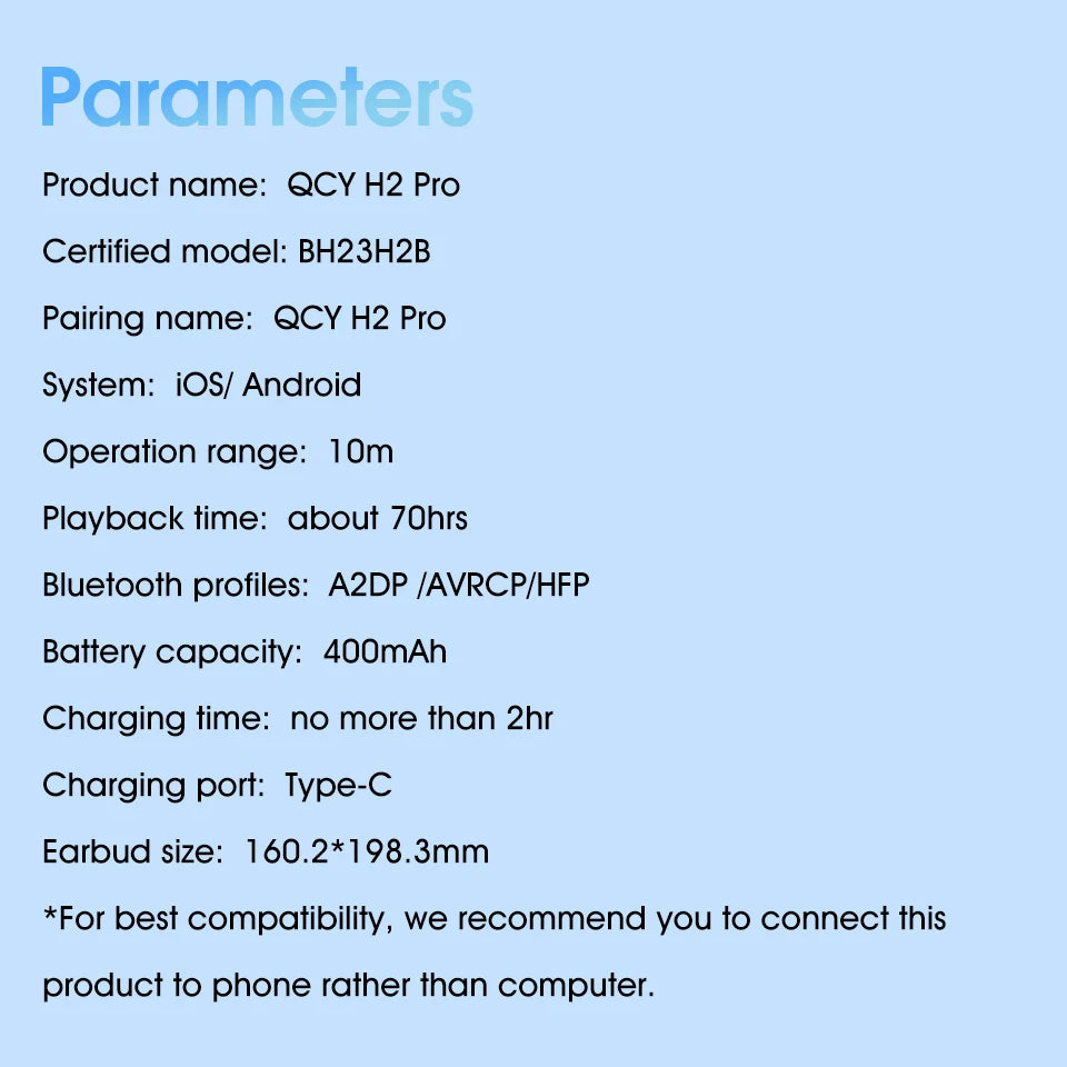 QCY H2 Pro Wireless Headphones Bluetooth 5.3 Earphone HIFI 3D Stereo Headset BASS Mode Gaming Earbuds Over the Ear Headphone 70H