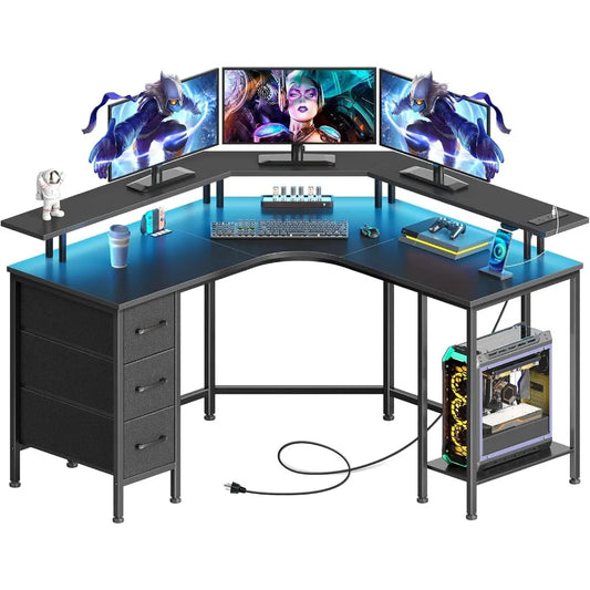 Computer Desk, Reversible Gaming Desk with Storage Shelves, Corner Desk with Monitor Stand