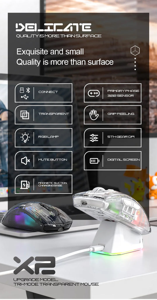 Attack Shark X2 Pro Magnetic Charging  Bluetooth Mouse, Tri-Mode , RGB Lights, Transparent, Battery Indicator, Computer Phone
