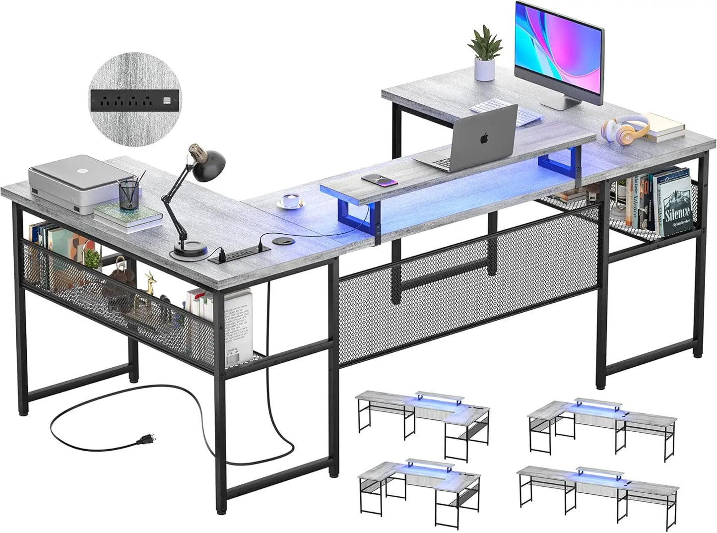 U Shaped Computer Desk with Power Outlet and LED Strip, Reversible L Shaped Office Desk with Monitor Stand and Bookshelf