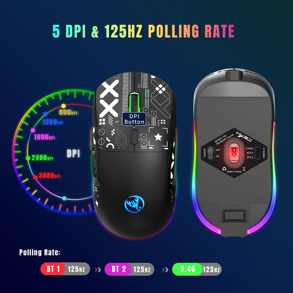hxsj T90 2.4G Wireless Mechanical Mouse RGB Gaming Mouse Ergonomic 10 Million Keystroke 3600DPI Mouse 11 RGB Lighting Modes Mice