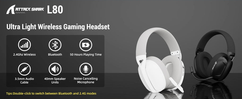 Attack Shark L80 Tri-mode Gaming Headset, Lightweight 180g, 5.1 Channel Hi-Fi Stereo Surround Sound,Pluggable Microphone