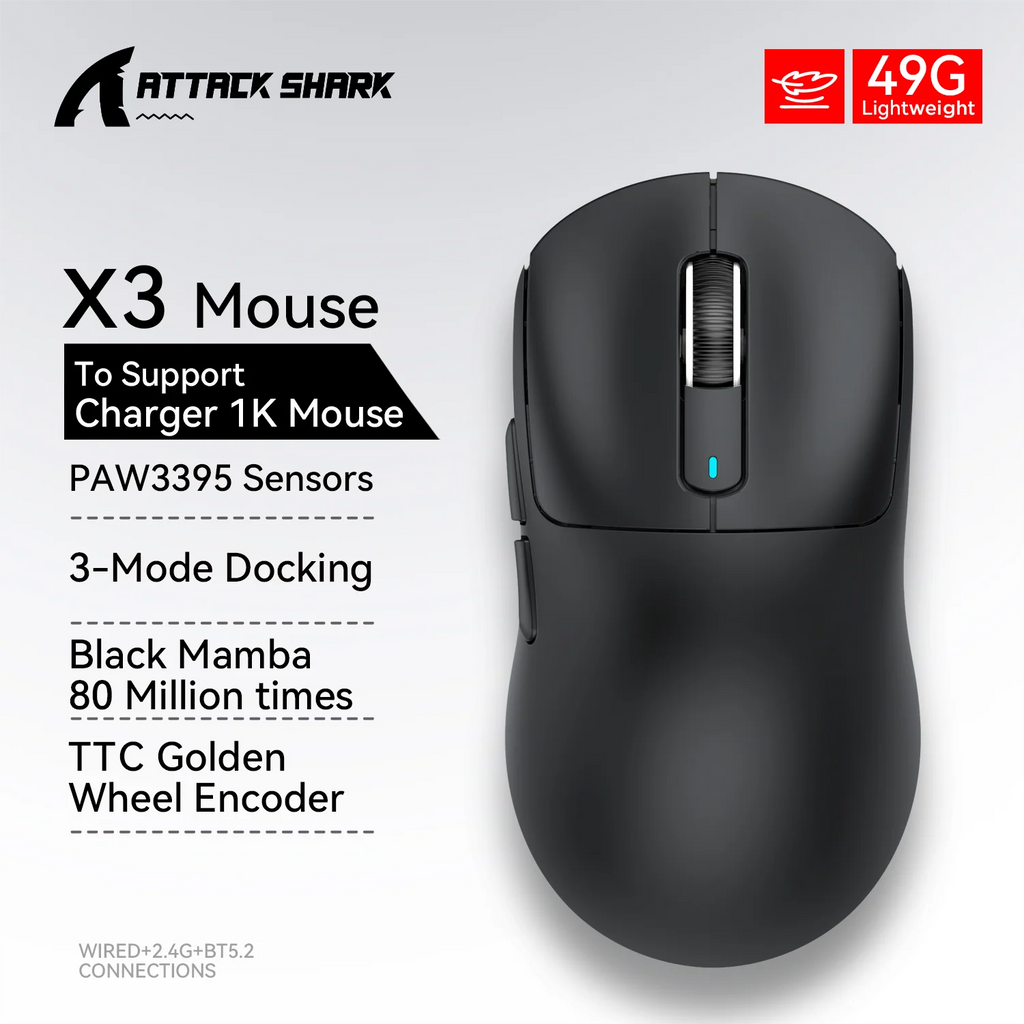 Attack Shark X3 Wireless Mouse,PixArt PAW3395 26K DPI  1K/4K Lightweight Mouse ,Tri-Mode Macro Gaming Mouse,Laptop/win/mac