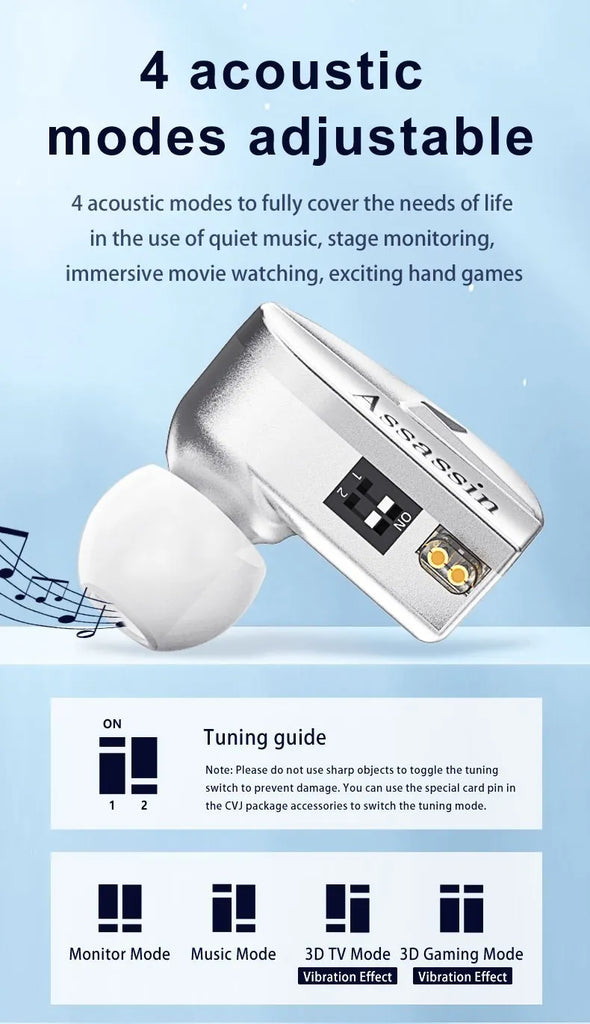 CVJ Assassin Silver in Ear Earphones 1BA+1DD+1Vibrate Game Mode HIFI Microphone Hybrid Tuning Switch Wired Earbuds IEM Headphone