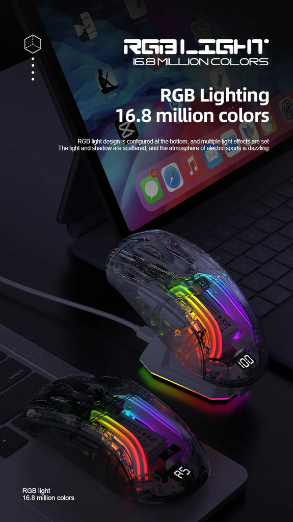 Attack Shark X2 Pro Magnetic Charging  Bluetooth Mouse, Tri-Mode , RGB Lights, Transparent, Battery Indicator, Computer Phone