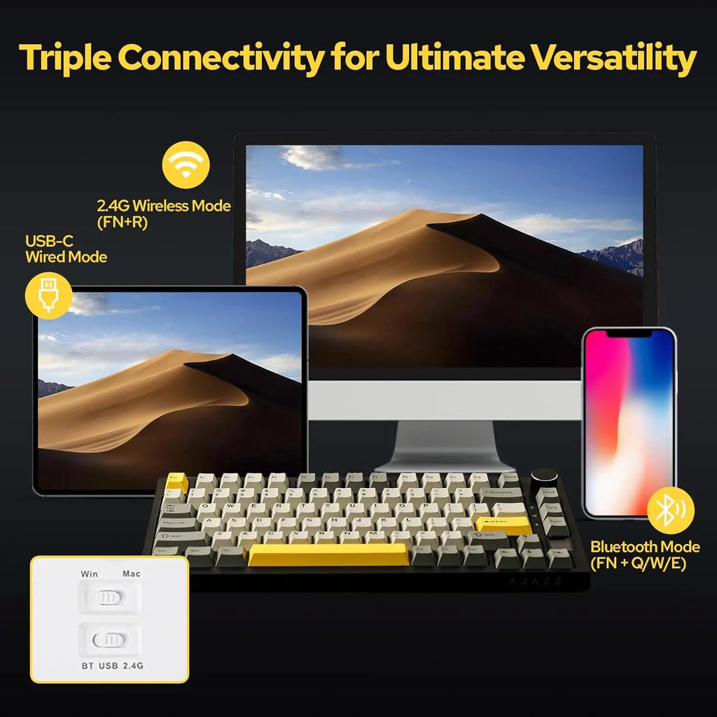 Ajazz AK820 Pro Gaming Mechanical Keyboard 75% Bluetooth/ Wireless Customized Gamer Keyboard with TFT Color Screen Knob for PC