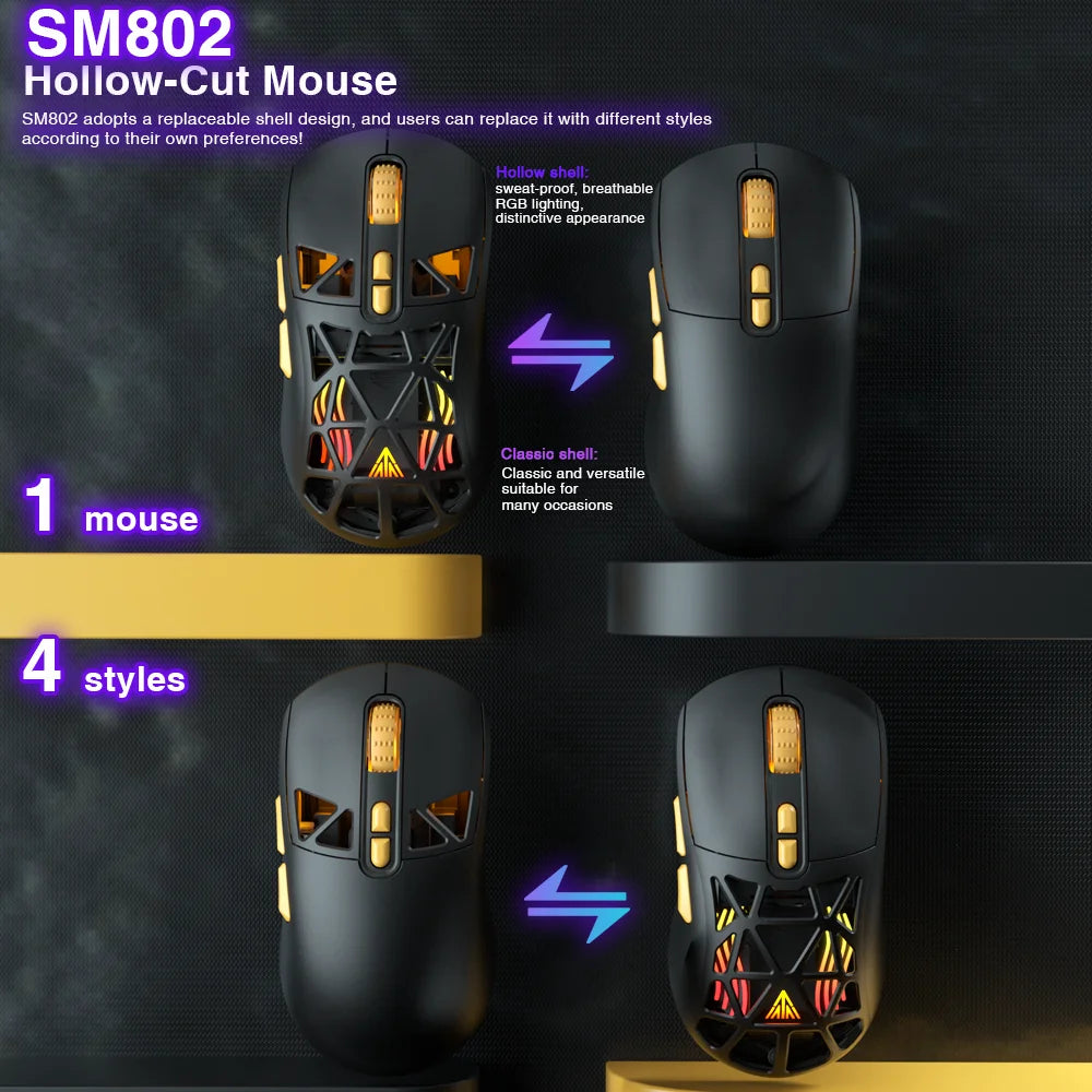 SOLAKAKA SM802 Tri-mode Gaming Mouse Wireless Silent RGB Honeycomb Gaming Mouse Ergonomic 2.4G/BT/Wired E-sports Mice For PC