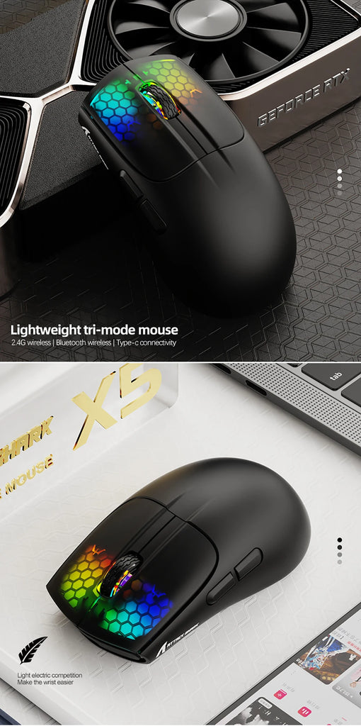 X5 Wireless Gaming Mouse with 3 Modes BT/2.4Ghz/USB-C PAW3212 Optical Sensor,Rechargeable Battery RGB Mice for PC Tablet Desktop
