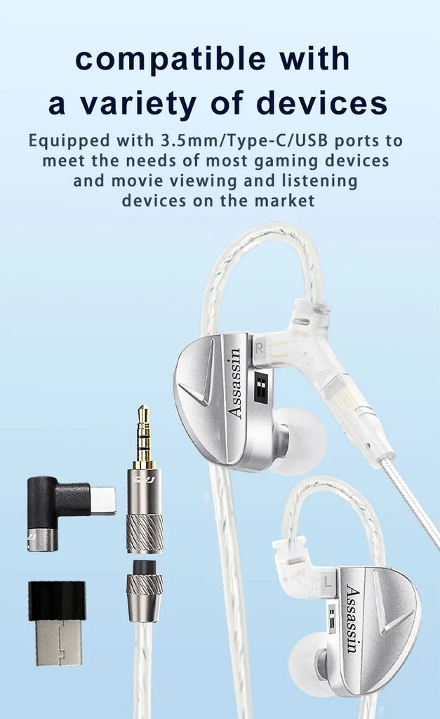 CVJ Assassin Silver in Ear Earphones 1BA+1DD+1Vibrate Game Mode HIFI Microphone Hybrid Tuning Switch Wired Earbuds IEM Headphone