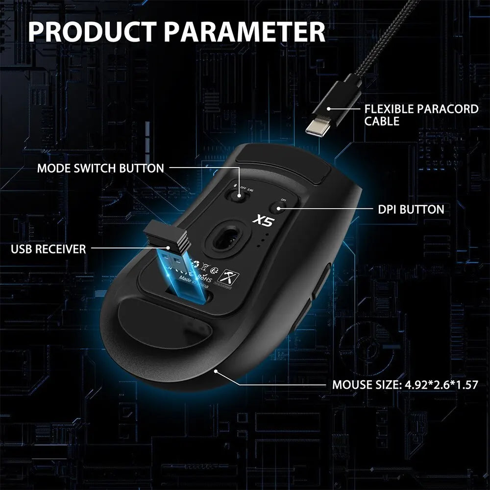 X5 Wireless Gaming Mouse with 3 Modes BT/2.4Ghz/USB-C PAW3212 Optical Sensor,Rechargeable Battery RGB Mice for PC Tablet Desktop