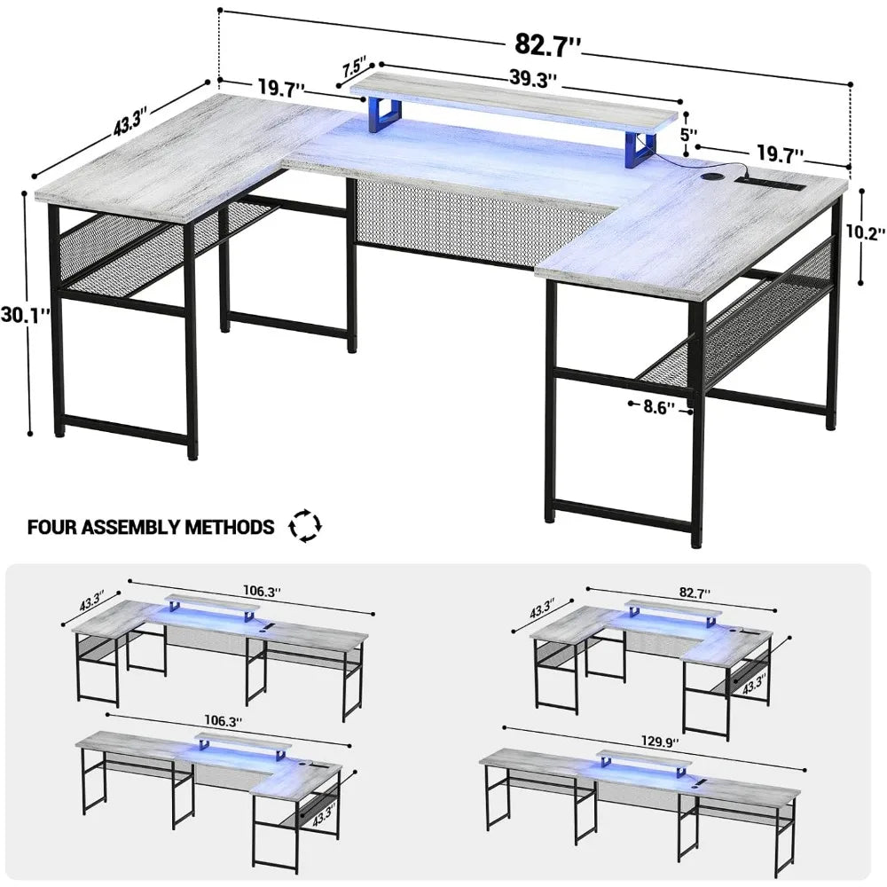 U Shaped Computer Desk with Power Outlet and LED Strip, Reversible L Shaped Office Desk with Monitor Stand and Bookshelf