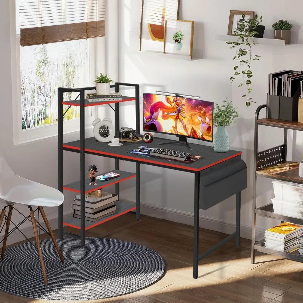47.2 Inch Gaming Desk Computer Desk, Writing Desk with Adjustable Shelves & Side Storage Bag, Compact Home Office Desks