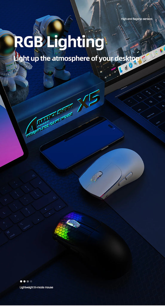 X5 Wireless Gaming Mouse with 3 Modes BT/2.4Ghz/USB-C PAW3212 Optical Sensor,Rechargeable Battery RGB Mice for PC Tablet Desktop