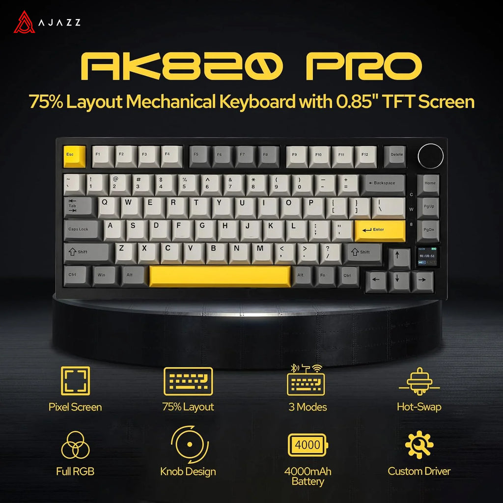 Ajazz AK820 Pro Gaming Mechanical Keyboard 75% Bluetooth/ Wireless Customized Gamer Keyboard with TFT Color Screen Knob for PC