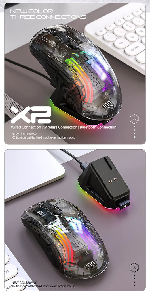Attack Shark X2 Pro Magnetic Charging  Bluetooth Mouse, Tri-Mode , RGB Lights, Transparent, Battery Indicator, Computer Phone