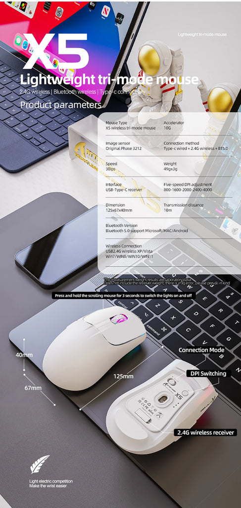 X5 Wireless Gaming Mouse with 3 Modes BT/2.4Ghz/USB-C PAW3212 Optical Sensor,Rechargeable Battery RGB Mice for PC Tablet Desktop