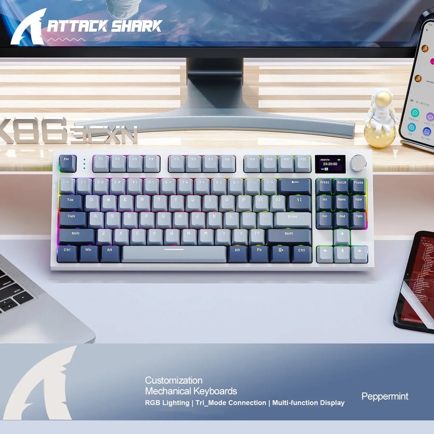 Attack Shark K86 Wireless Mechanical Keyboard,RGB TFT Screen ,Hot Swap, Metal Knob,Tri-mode Connectivity,macro Gaming Keyboar