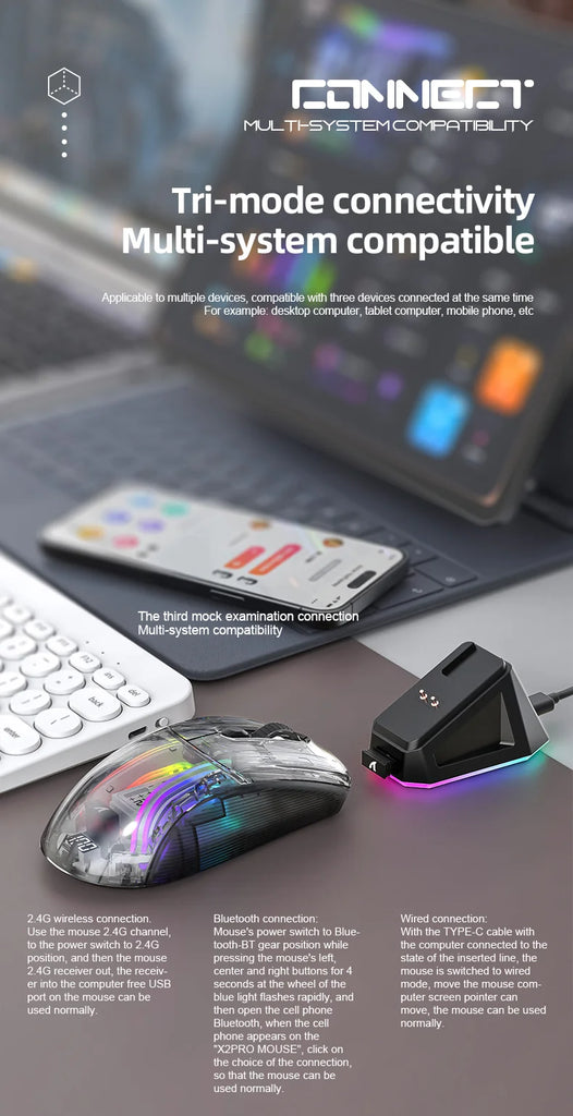 Attack Shark X2 Pro Magnetic Charging  Bluetooth Mouse, Tri-Mode , RGB Lights, Transparent, Battery Indicator, Computer Phone