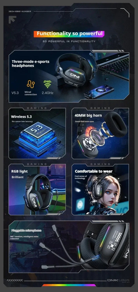 ONIKUMA Wireless Headphones RGB Lighting 2.4G Bluetooth Gaming Headset Active Noise Reduction Ultra Long Life for PC Gamer GT808