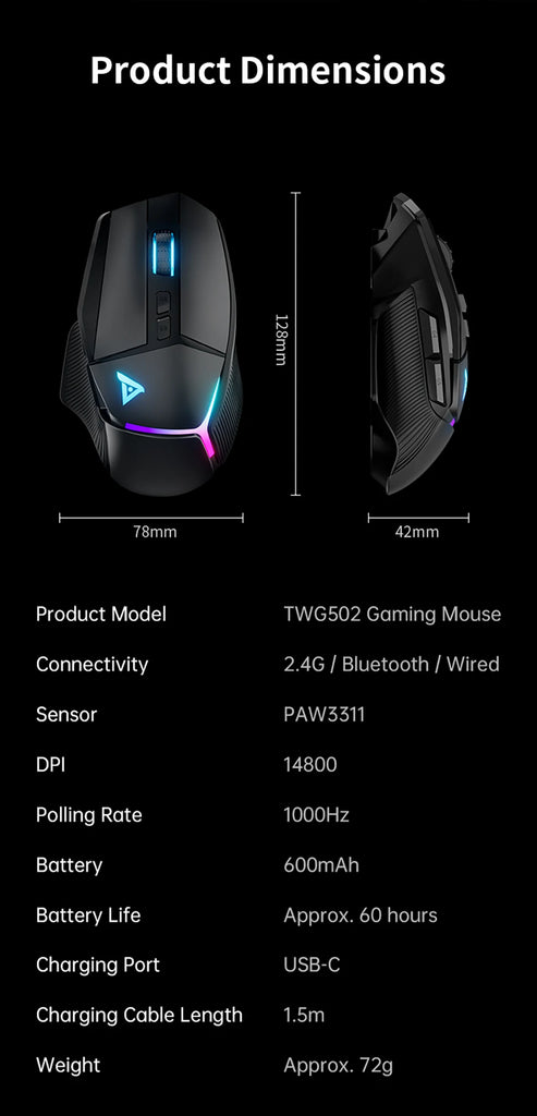 TAIDU TWG502 Gaming Mouse with RGB 2.4G Wireless Bluetooth Mouse 3Mode 14800DPI Lightweight for PC Gamer Computer Laptop