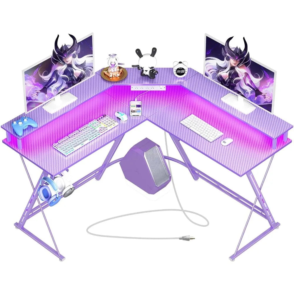 Gaming Desk, L-Shaped Gaming Desk Carbon Fiber Surface with Monitor Stand, Ergonomic Gamer Table with Headphone Hook, Pink