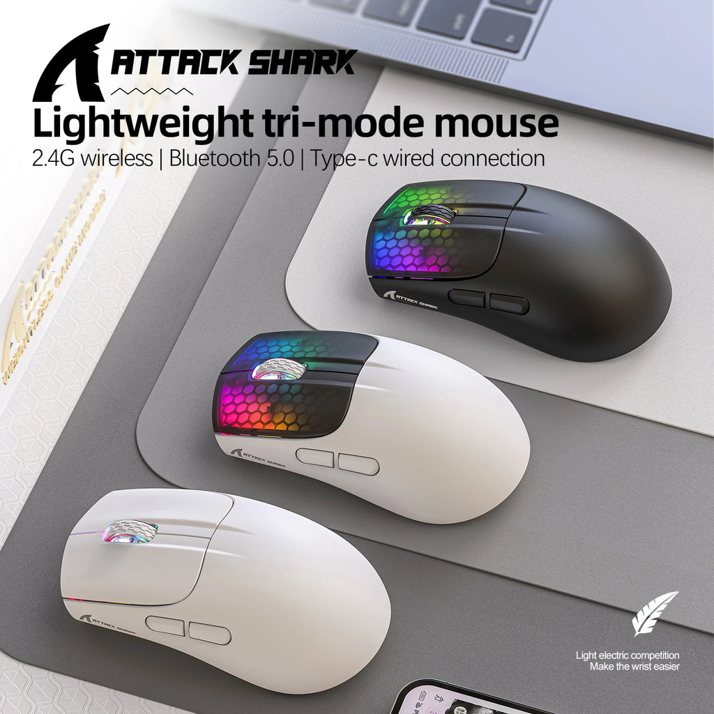 Attack Shark X5 Wireless Mouse Bluetooth Tri-Mode PAW3212 Sensor 4000DPI Optical RGB Mouse for PC Laptop Office Gaming