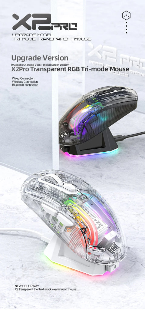 Attack Shark X2 Pro Magnetic Charging  Bluetooth Mouse, Tri-Mode , RGB Lights, Transparent, Battery Indicator, Computer Phone