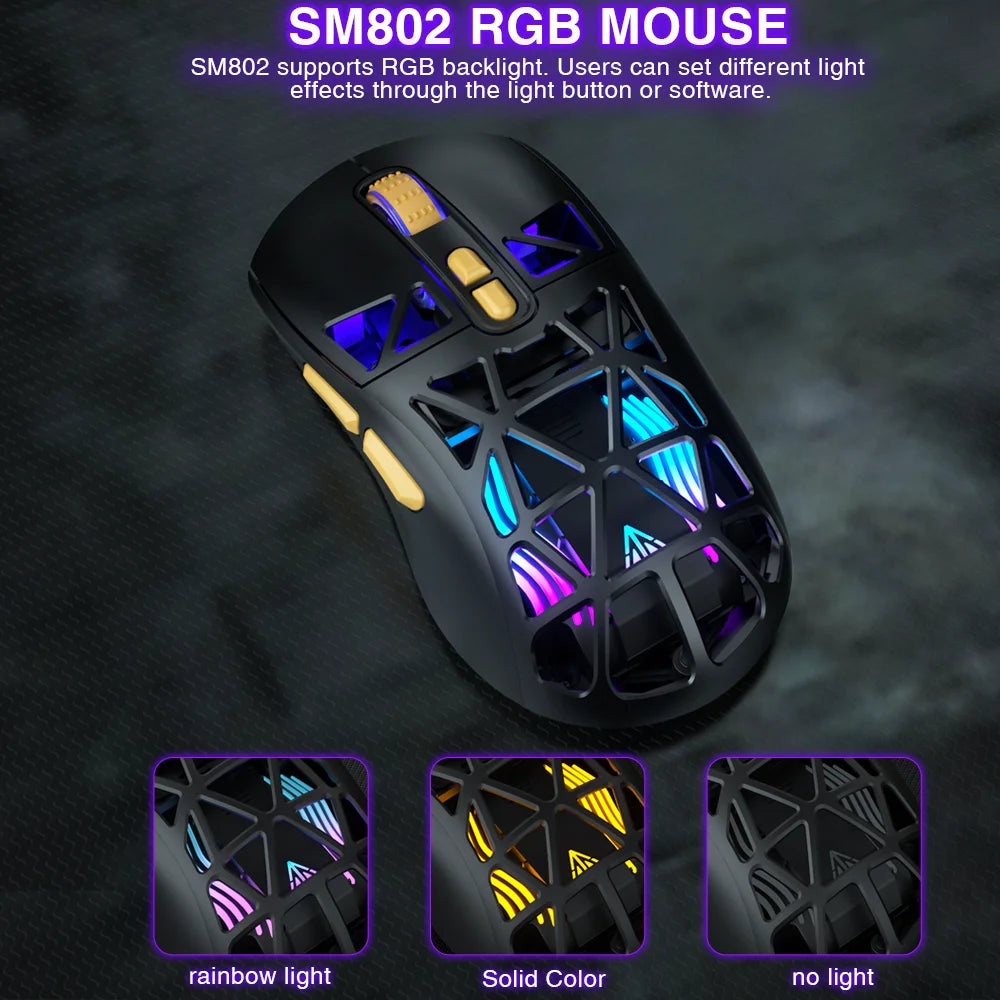 SOLAKAKA SM802 Tri-mode Gaming Mouse Wireless Silent RGB Honeycomb Gaming Mouse Ergonomic 2.4G/BT/Wired E-sports Mice For PC